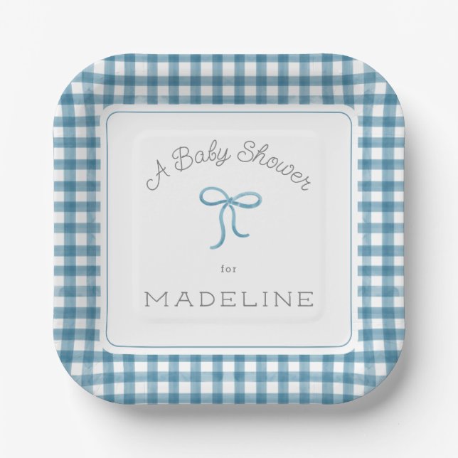 Watercolor Gingham Denim Blue Baby Shower Paper Plate (Front)