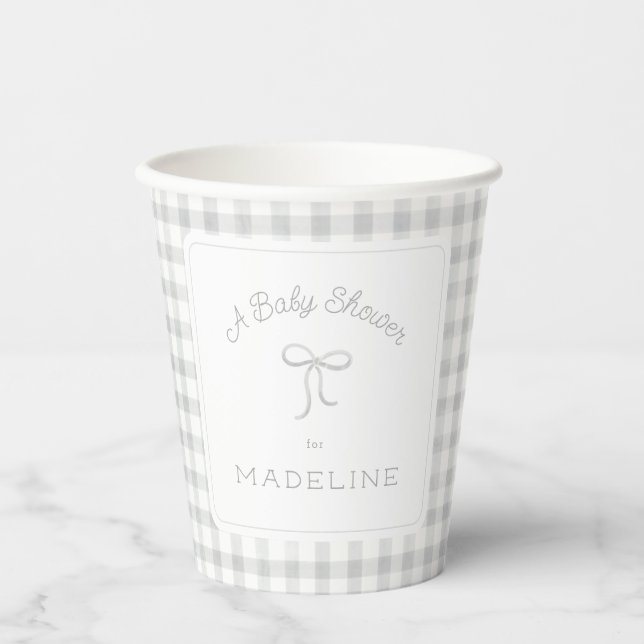Watercolor Gingham Grey Baby Shower Paper Cups (Front)