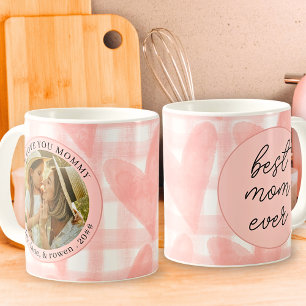 Watercolor Gingham Hearts Mother's Day Photo Coffee Mug