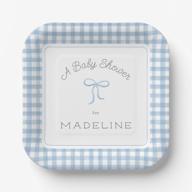 Watercolor Gingham Light Blue Baby Shower Paper Plate (Front)