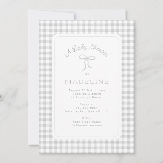 Watercolor Gingham Light Grey Baby Shower Invitation (Front)