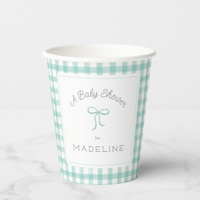 Watercolor Gingham Mint Green Baby Shower Paper Cups (Front)