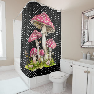 Watercolor Gingham Mushroom Garden Shower Curtain