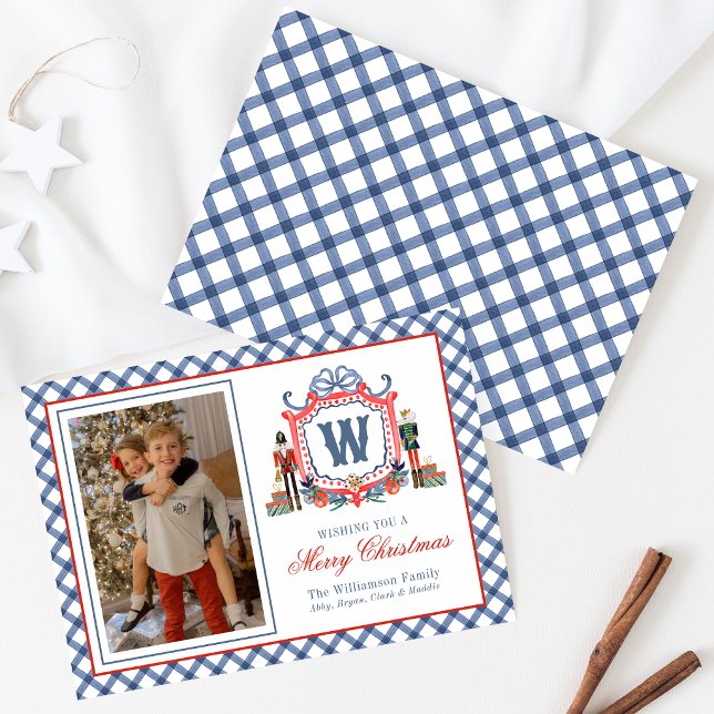 Watercolor Gingham Nutcracker Mouse Monogram Crest Holiday Card (Creator Uploaded)