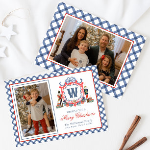 Watercolor Gingham Nutcracker Mouse Monogram Crest Holiday Card
