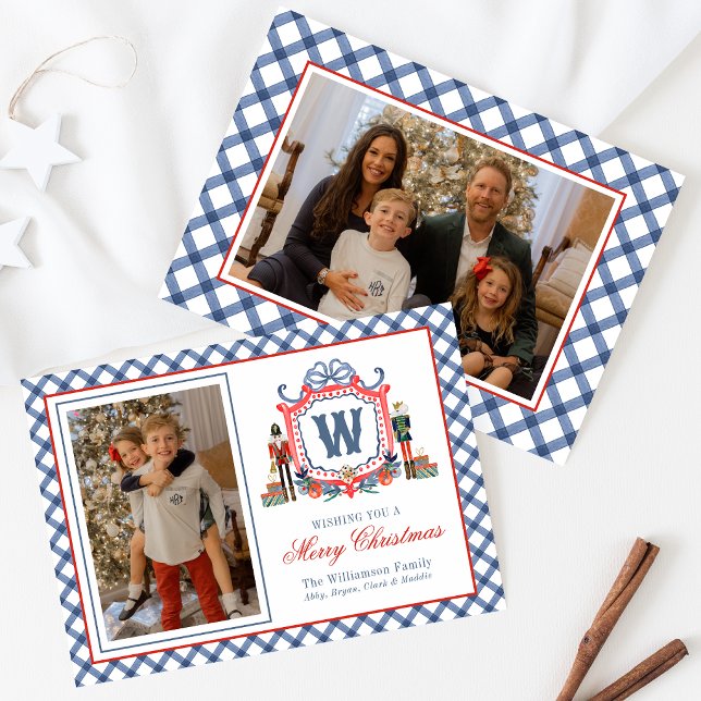 Watercolor Gingham Nutcracker Mouse Monogram Crest Holiday Card (Creator Uploaded)