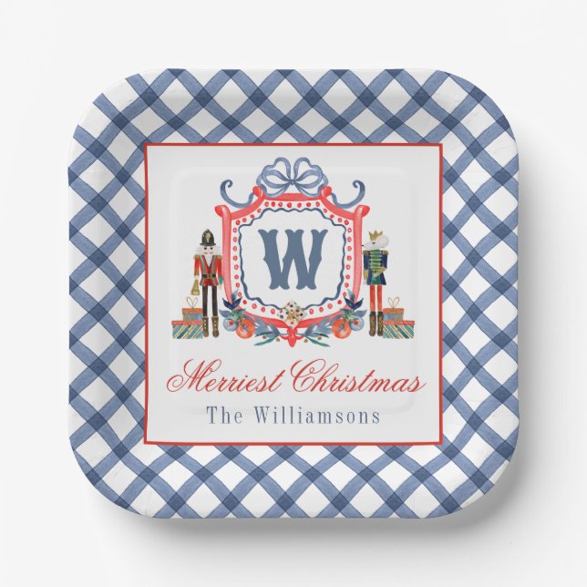 Watercolor Gingham Nutcracker Mouse Monogram Crest Paper Plate (Front)