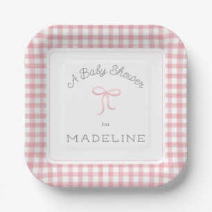 Watercolor Gingham Pink Baby Shower Paper Plate