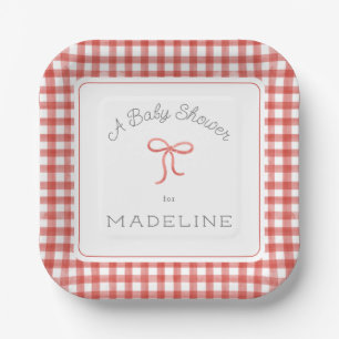 Watercolor Gingham Red Baby Shower Paper Plate