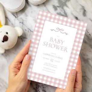 Watercolor Gingham & Ribbon Bow Girl Baby Shower Invitation
