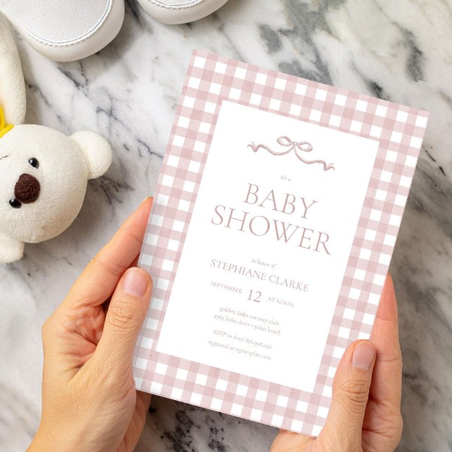 Watercolor Gingham & Ribbon Bow Girl Baby Shower Invitation (Creator Uploaded)