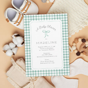Watercolor Gingham Sage Green Baby Shower Invitation