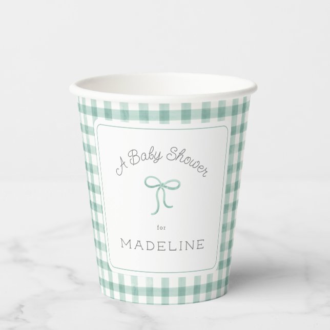Watercolor Gingham Sage Green Baby Shower Paper Cups (Front)