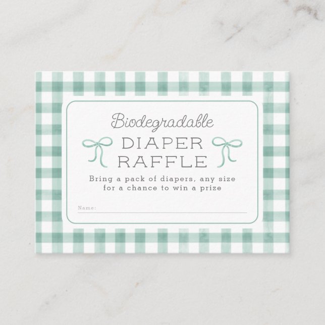 Watercolor Gingham Sage Green Diaper Raffle Enclosure Card (Front)