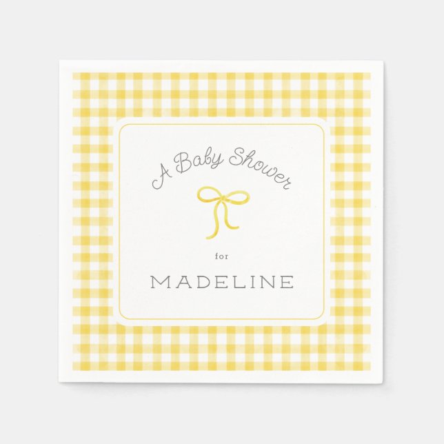 Watercolor Gingham Yellow Baby Shower Napkin (Front)
