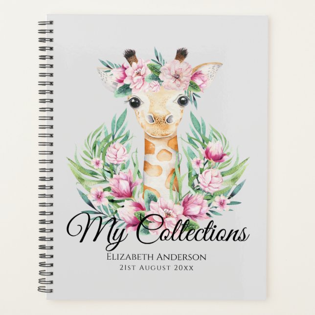 Watercolor GIRAFFE Boho Pink Flowers Girls Named Planner (Front)