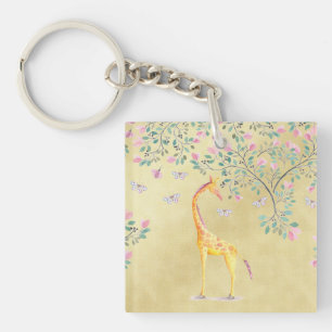 Watercolor Giraffe Butterflies and Blossom Key Ring