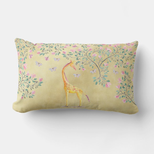 Watercolor Giraffe Butterflies and Blossom Lumbar Cushion (Front)