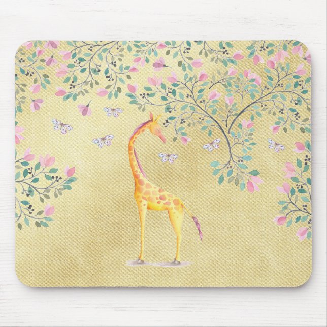 Watercolor Giraffe Butterflies and Blossom Mouse Mat (Front)