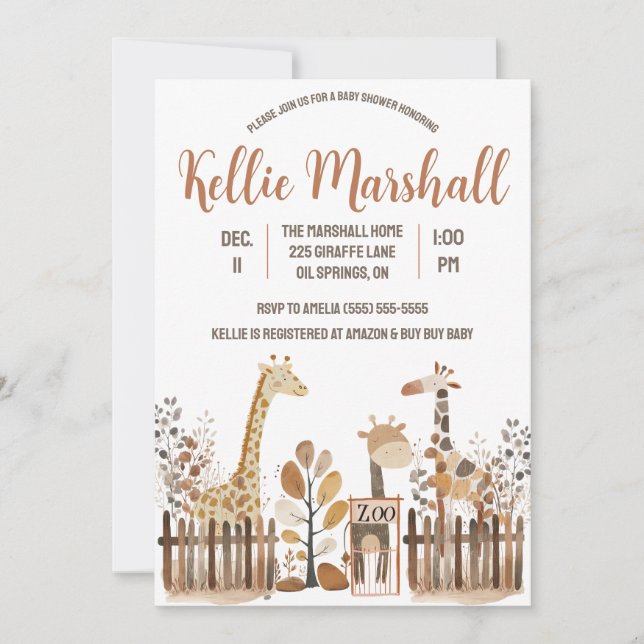 Watercolor Giraffe Family, Zoo, Baby Shower Invitation (Front)