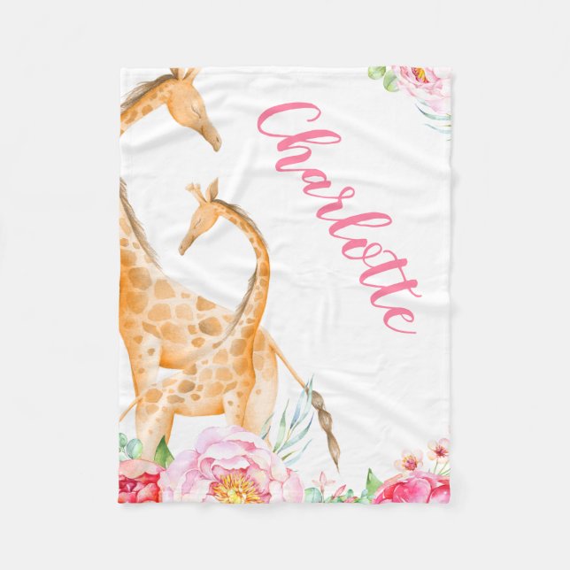 Watercolor Giraffe Floral Girl Personalised Fleece Blanket (Front)