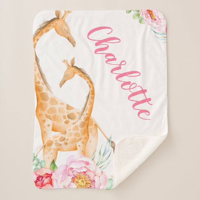 Watercolor Giraffe Floral Girl Personalised Sherpa Blanket (Front)