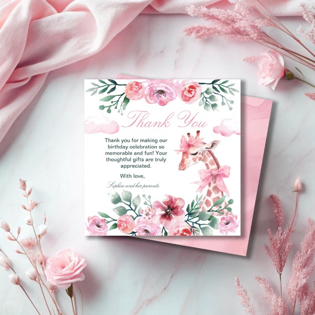 Watercolor Giraffe Garden Girl Birthday Thank You Card (Creator Uploaded)