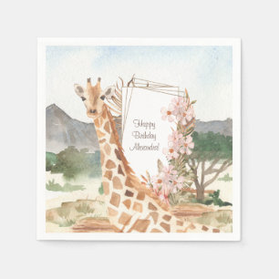 Watercolor Giraffe in African Savannah Birthday Napkin