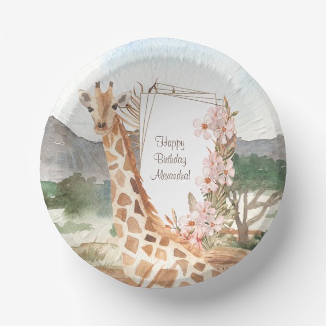 Watercolor Giraffe in African Savannah Birthday Paper Plate (Front)