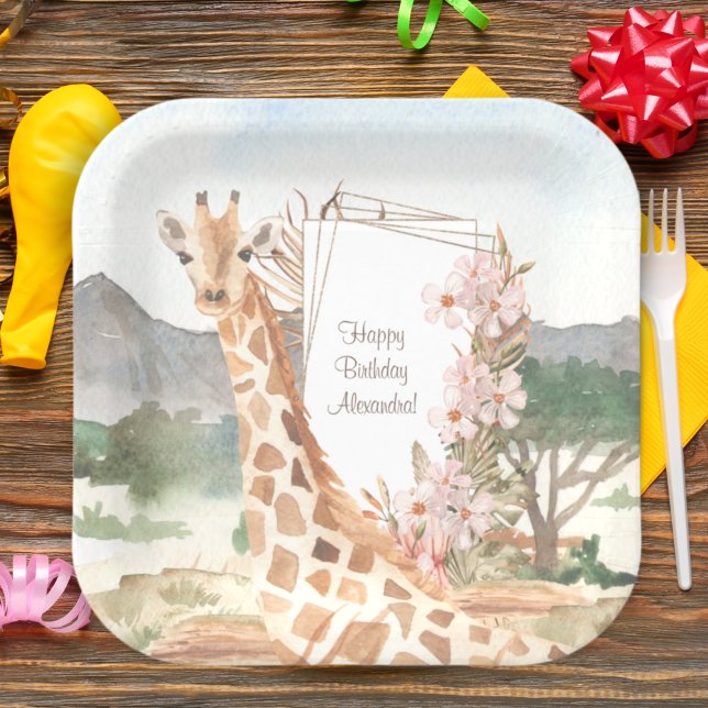 Watercolor Giraffe in African Savannah Birthday Paper Plate (Creator Uploaded)