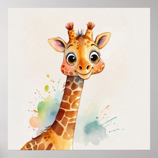 Watercolor Giraffe Kids Nursery Painting Poster (Front)