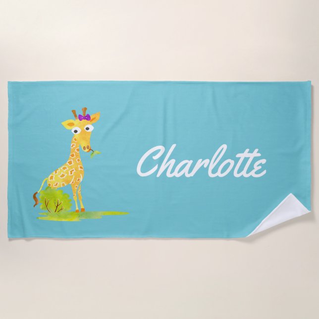 Watercolor Giraffe Kids Personalised Cute Girls Beach Towel (Front)