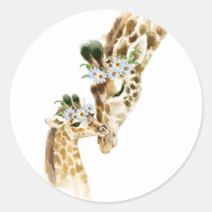 Watercolor Giraffe Mama and Baby Classic Round Sticker