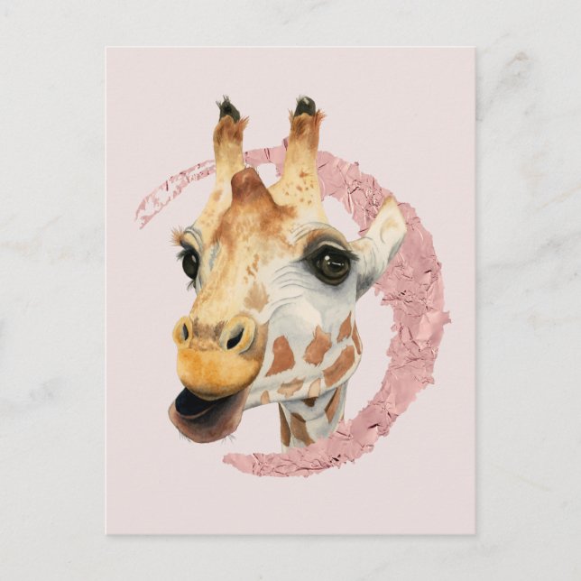 Watercolor Giraffe Pink Foil Postcard (Front)