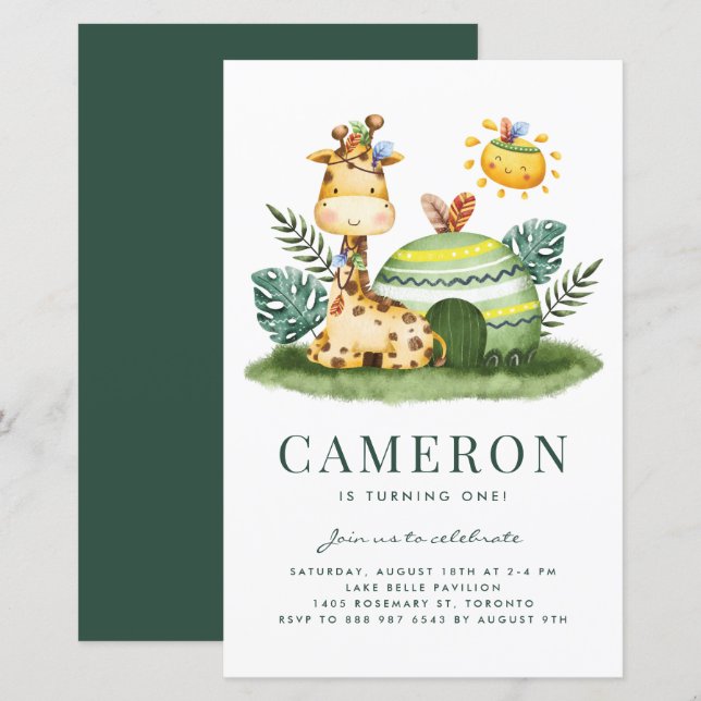 Watercolor Giraffe Safari Birthday Invitation (Front/Back)