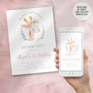 Watercolor Giraffe Safari Zoo First Birthday Party Invitation
