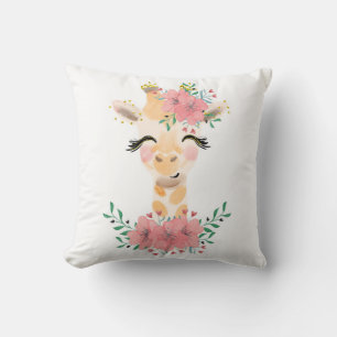 Watercolor Giraffe with Florals Throw Pillow