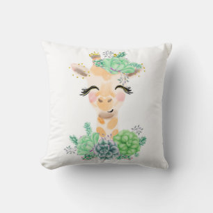 Watercolor Giraffe with Succulents Throw Pillow