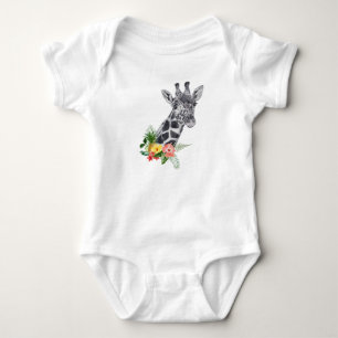 Watercolor Giraffe with Tropical Bouquet Baby Bodysuit