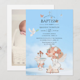 Watercolor Girl Angel Baptism Photo Invitation