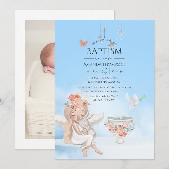 Watercolor Girl Angel Baptism Photo Invitation (Front/Back)