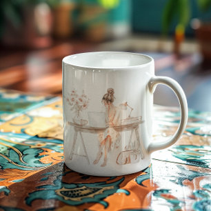 Watercolor Girl Boss Illustration   Chic Monogram Coffee Mug