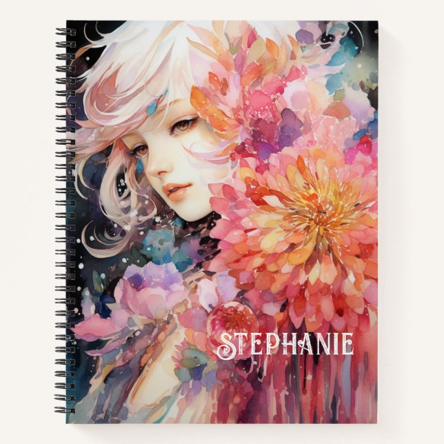 Watercolor girl, Bright colours, Custom Name Notebook (Front)