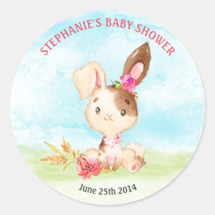 Watercolor Girl Bunny Baby Shower Farm Classic Round Sticker