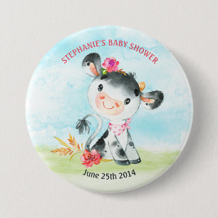 Watercolor Girl Cow Baby Shower Farm 7.5 Cm Round Badge