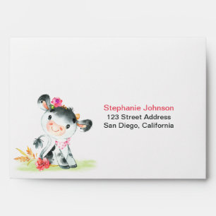 Watercolor Girl Cow Baby Shower Farm Envelope