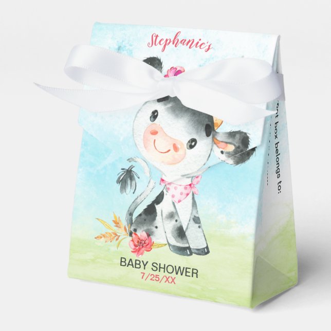 Watercolor Girl Cow Baby Shower Farm Favour Box (Front Side)