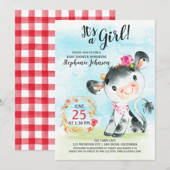 Watercolor Girl Cow Baby Shower Farm Invitation (Front/Back)