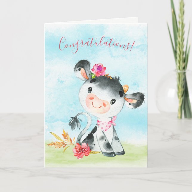 Watercolor Girl Cow Congratulations Card (Front)