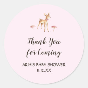 Watercolor Girl Deer Mushrooms Baby Shower Favour Classic Round Sticker